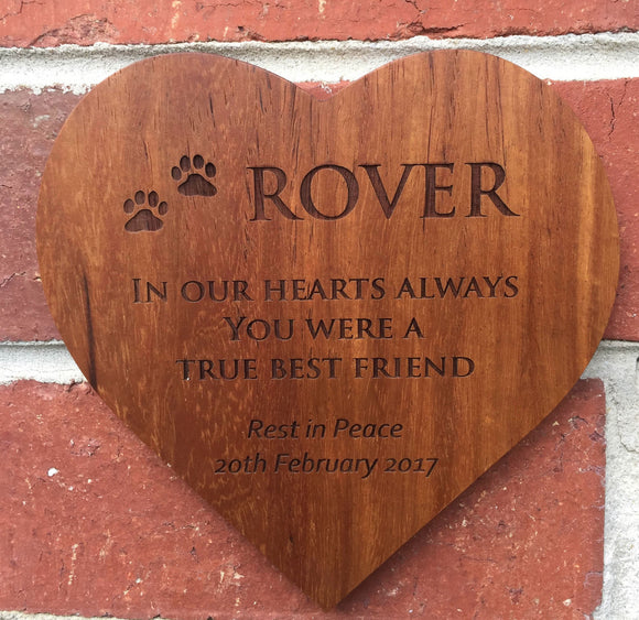 Pet Memorial Heart Shape Plaque personalised wood for outdoor use